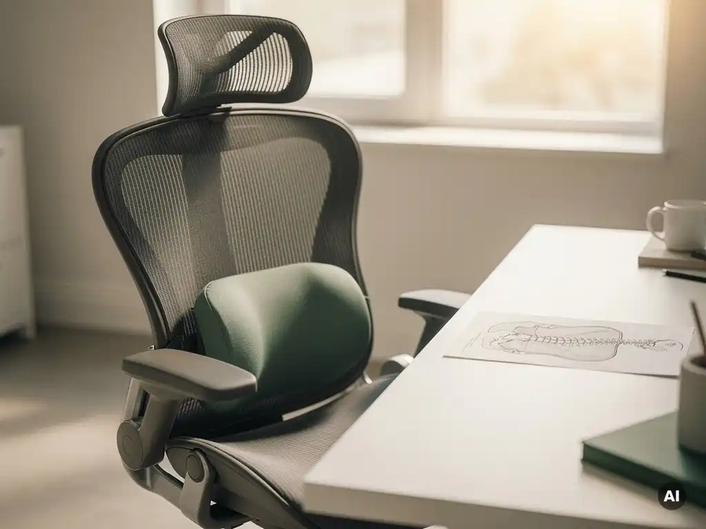 Ergonomische bureaustoel met lendensteun op modern werkblad, anatomische ruggengraatschets op papier, zacht natuurlijk licht.