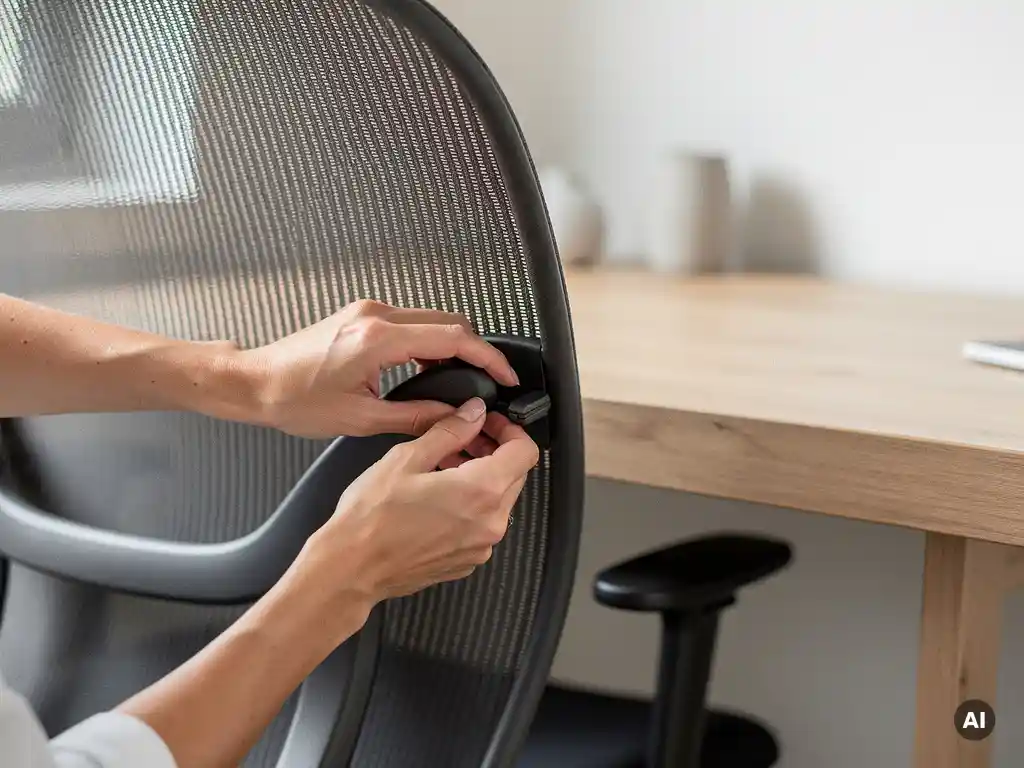 Handen die de lendensteundraaiknop van een ergonomische bureaustoel met meshrug instellen, lichte eiken bureau op de achtergrond.