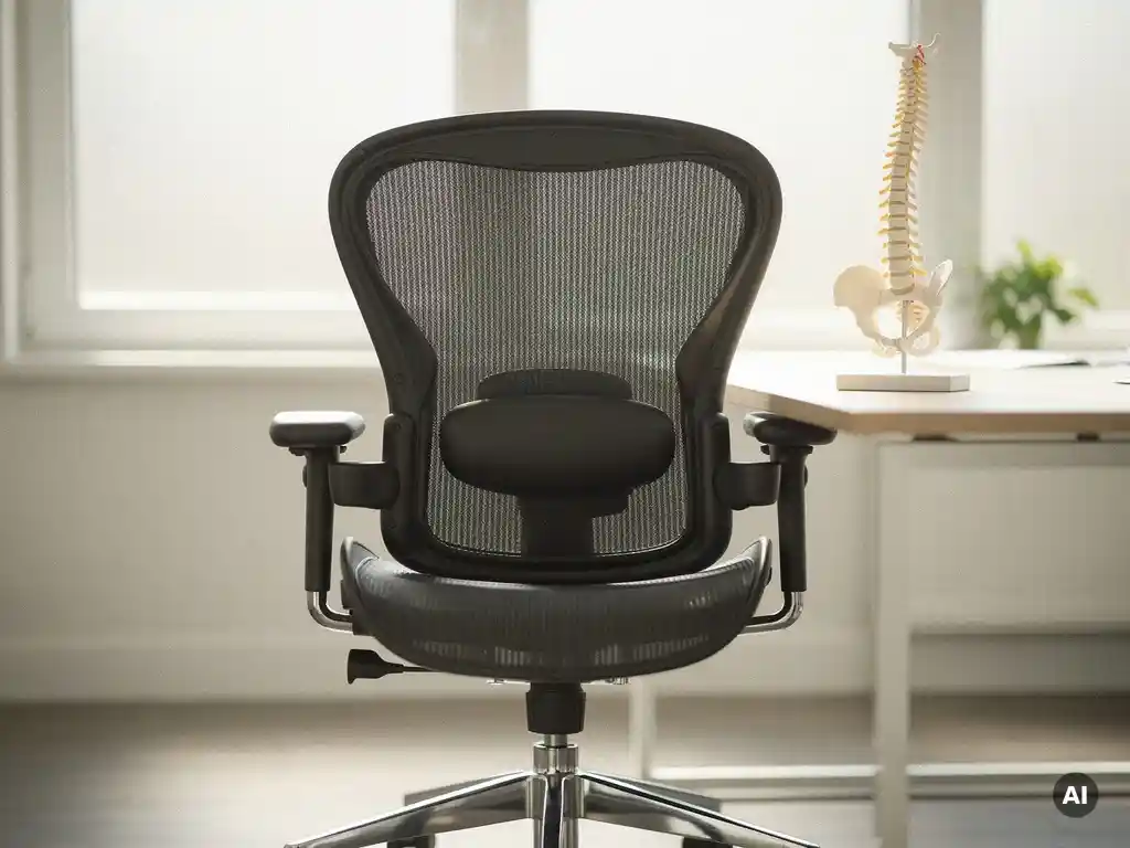 Ergonomische bureaustoel met lendensteun op modern werkblad, anatomisch wervelkolommodel op de achtergrond, natuurlijk licht.