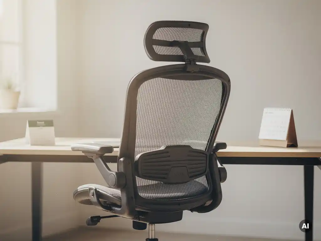 Ergonomische bureaustoel met lendensteun op modern werkblad, zacht natuurlijk licht en garantiekaart op de achtergrond.