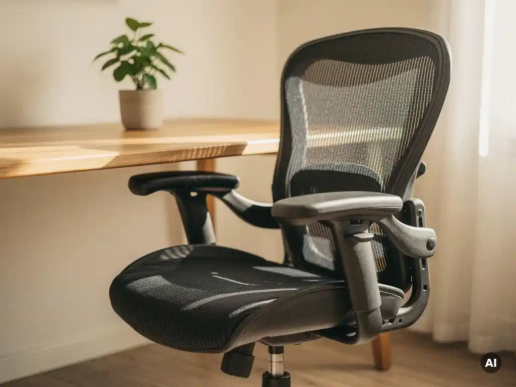 Ergonomische bureaustoel met mesh rugleuning en verstelbare armleuningen aan een houten bureau in een lichte thuiswerkplek.