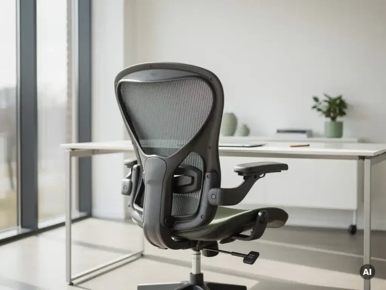 Ergonomische bureaustoel met mesh rugleuning en verstelbare armleuningen aan een modern bureau in een licht Nederlands kantoor.
