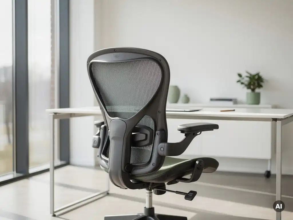 Ergonomische bureaustoel met mesh rugleuning en verstelbare armleuningen aan een modern bureau in een licht Nederlands kantoor.