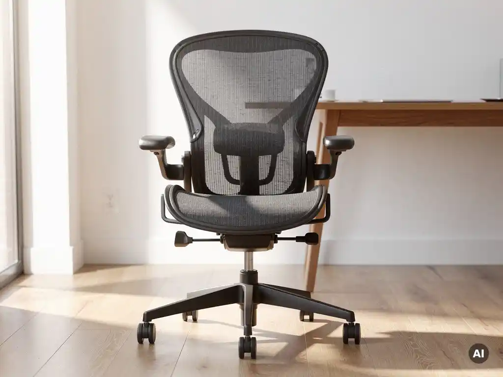 Ergonomische bureaustoel met mesh rugleuning en lendenstun op licht eiken vloer, zacht daglicht, minimalistische werkruimte op de achtergrond.