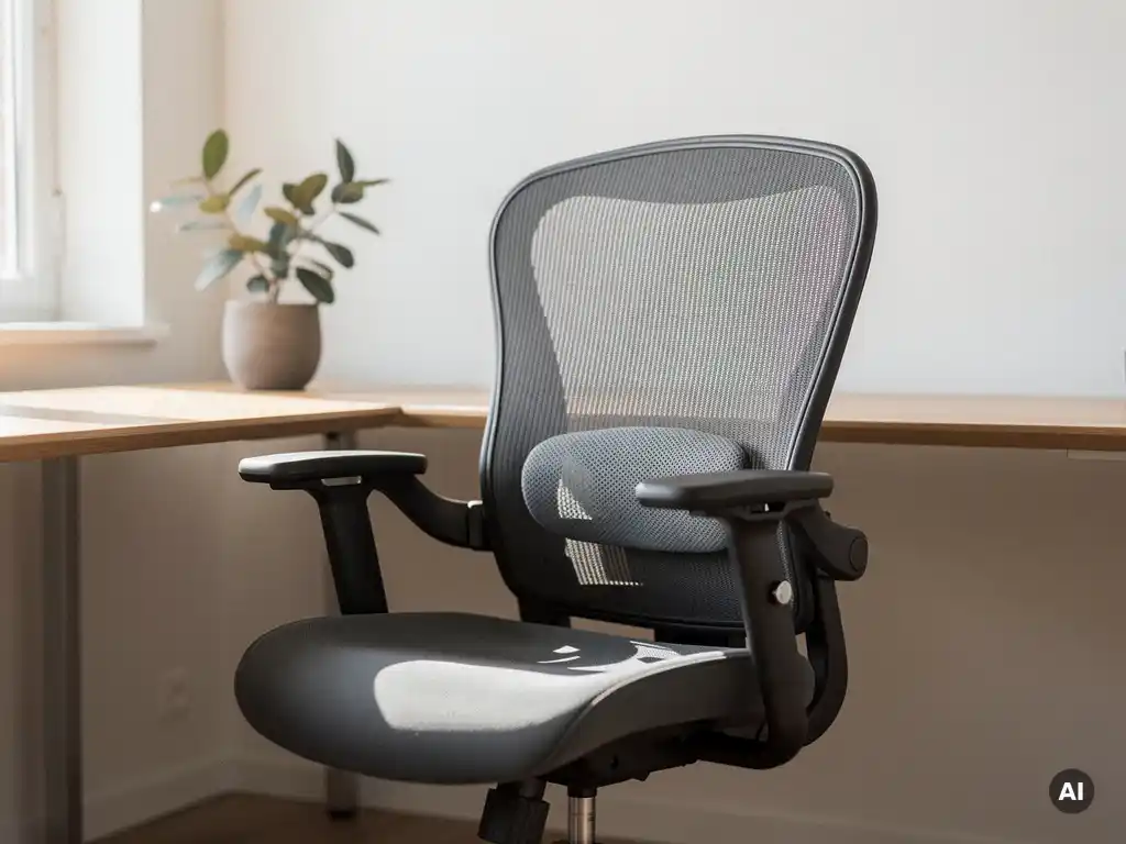 Ergonomische bureaustoel met mesh rugleuning en verstelbare armleuningen bij een Scandinavisch bureau in natuurlijk daglicht.