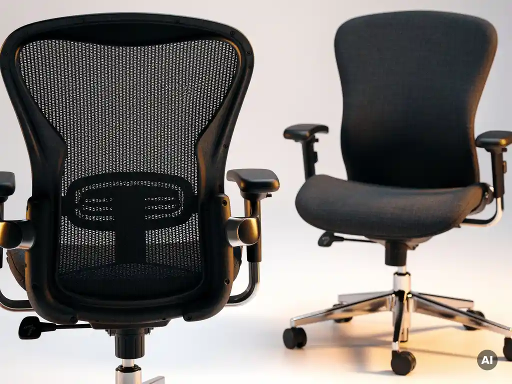 Twee ergonomische bureaustoelen naast elkaar: één met ademend zwart mesh en één met gladde antraciet stof, belicht in een showroom.