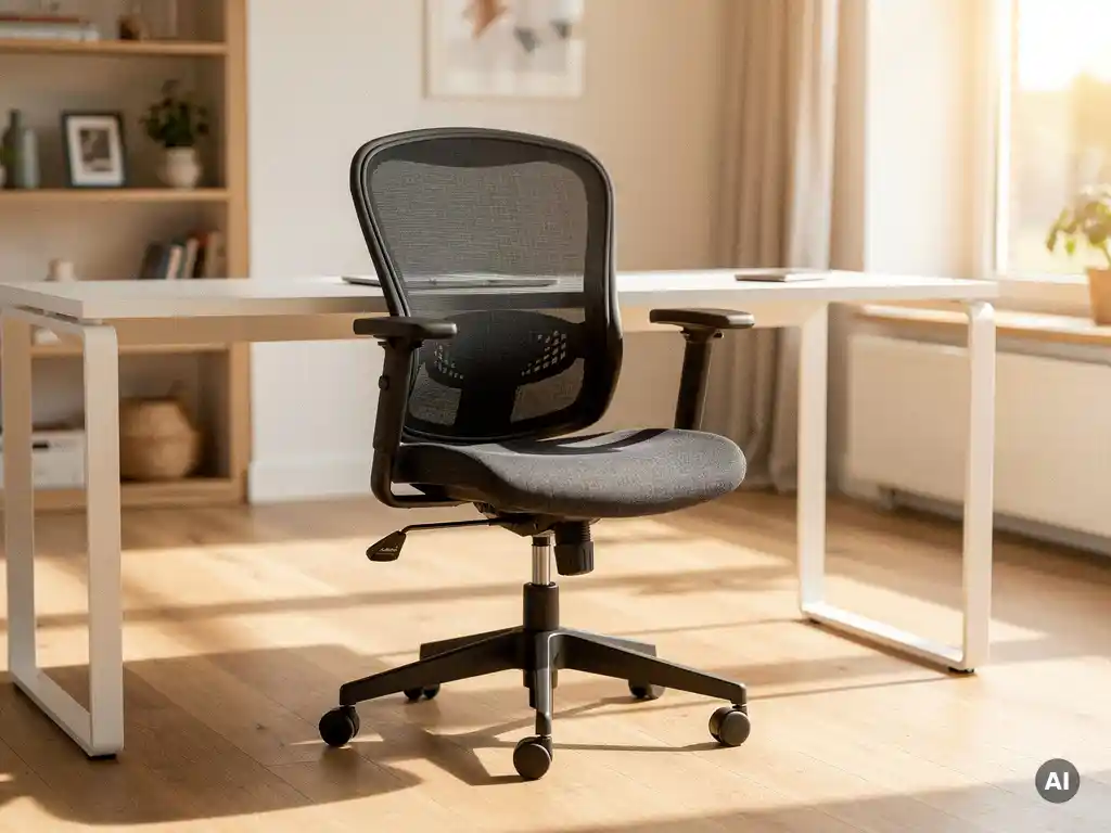 Ergonomische bureaustoel met mesh rugleuning en verstelbare armleuningen bij een minimalistische eiken bureau in een lichte Nederlandse thuiswerkplek.