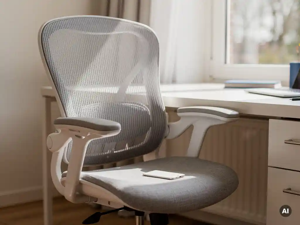 Ergonomische bureaustoel met mesh rugleuning en verstelbare armleuningen bij een modern bureau in een thuiskantoor, zacht natuurlijk daglicht.
