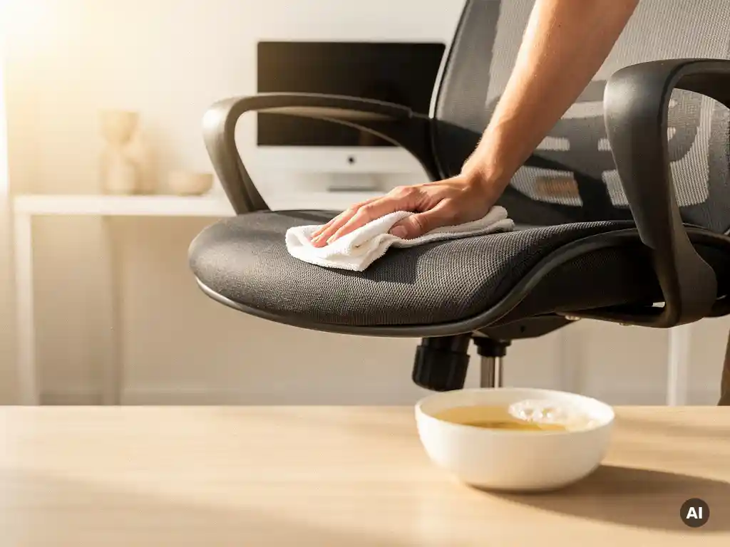 Persoon die een ergonomische bureaustoel reinigt met een zachte doek en zeepwater in een lichte thuiskantooromgeving.