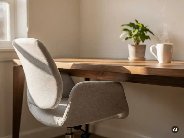 Ergonomische bureaustoel bij een minimalistische thuiswerkplek met houten bureau, kamerplant en dampende koffiemok in warm middaglicht.
