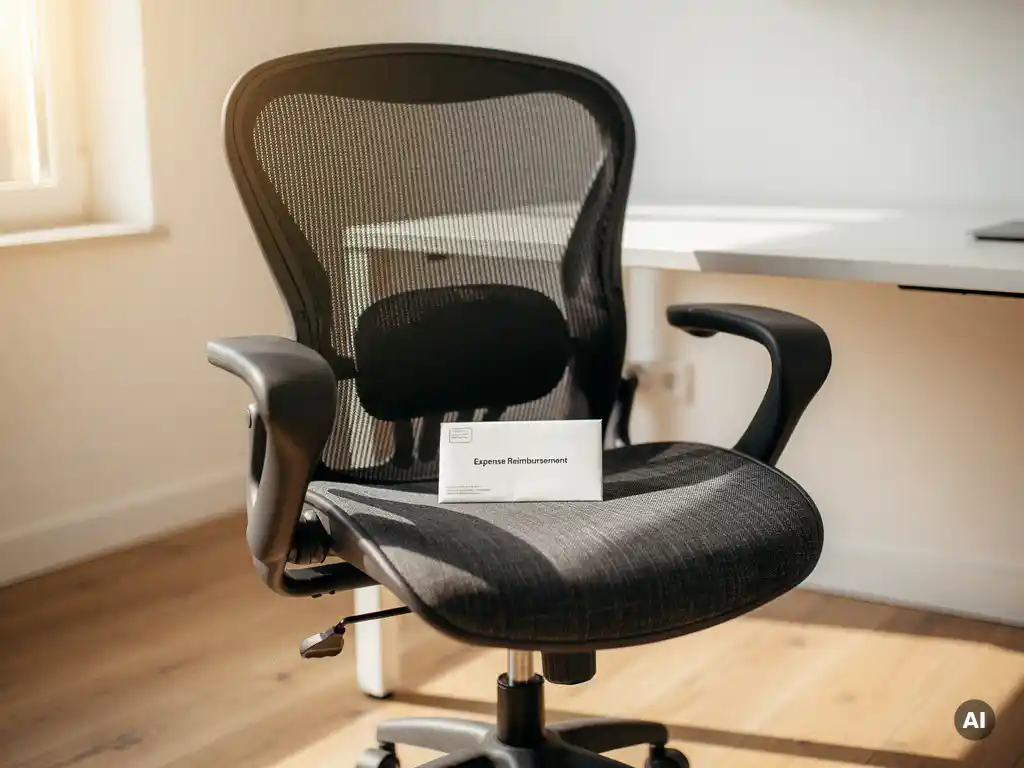 Ergonomische bureaustoel bij een thuiswerkplek met een vergoedingsenvelop op de zitting, warm middaglicht op een lichte eiken vloer.