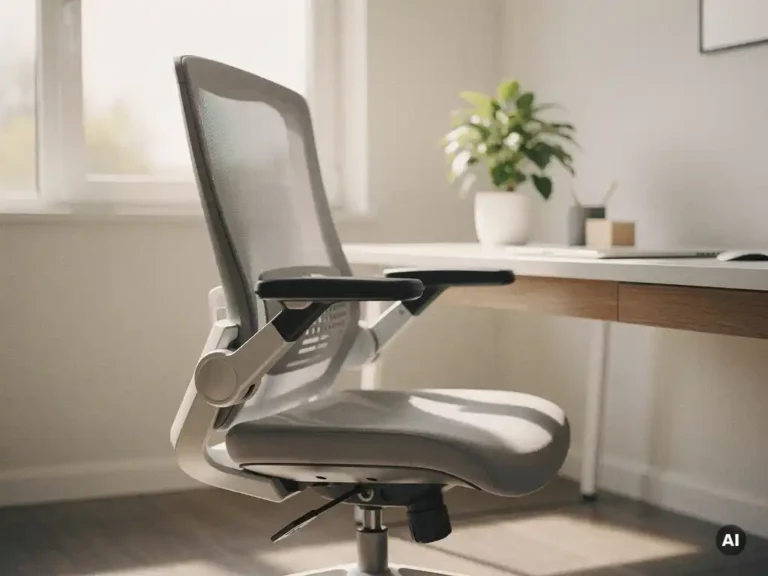 Ergonomische bureaustoel met verstelbare armleuningen aan modern bureau, natuurlijk daglicht, houten accenten en minimalistische accessoires.