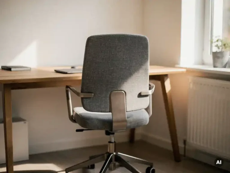 Ergonomische bureaustoel met subtiele stoffentextuur bij een modern eiken bureau in zacht natuurlijk daglicht.