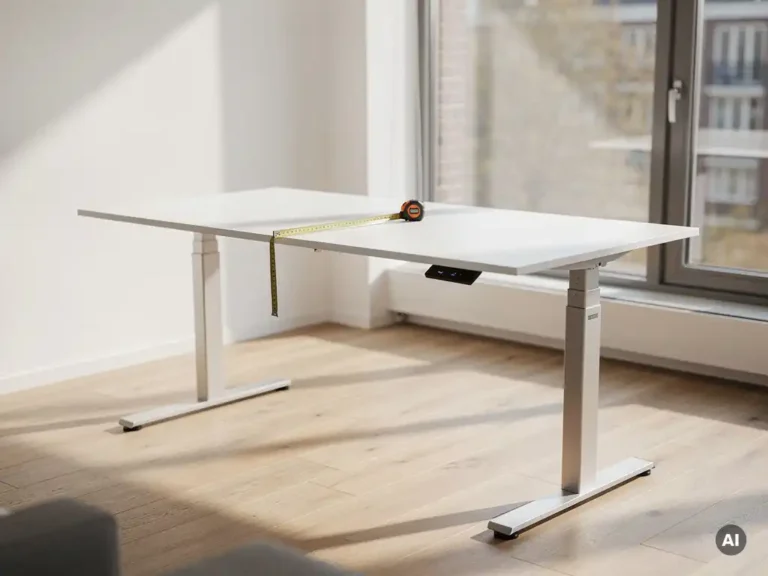 Elektrisch zit-sta bureau op staande hoogte in modern Nederlands kantoor, met meetlint op het witte bureaublad en natuurlijk lichtinval.