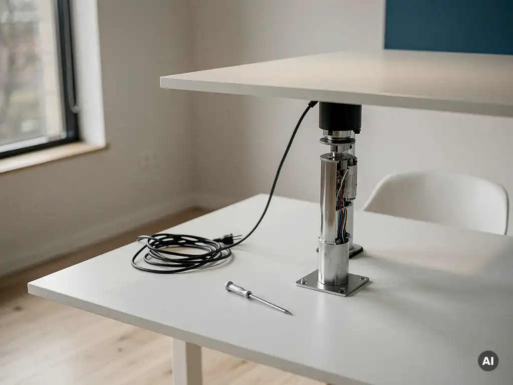 Elektrisch zit-sta bureau halverwege geheven met blootgelegde motorkolom, verward netsnoer en schroevendraaier op wit bureaublad.