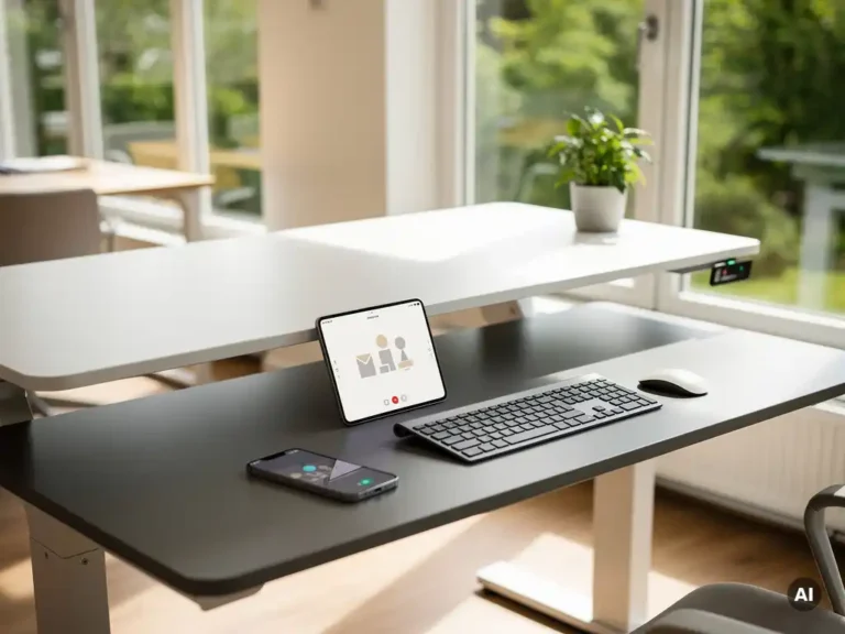 Elektrisch zit-sta bureau in beweging met smartphone en draadloos toetsenbord in modern Nederlands kantoor met natuurlijk daglicht.