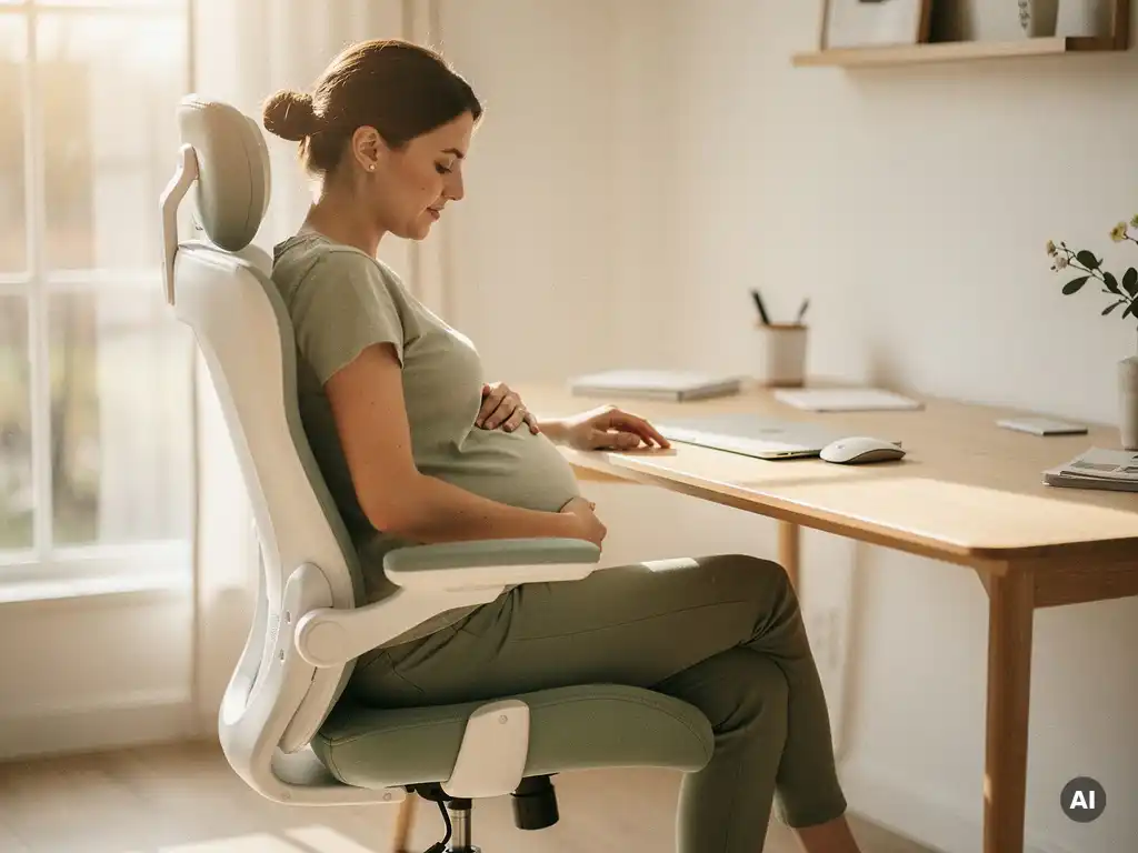 Zwangere vrouw in ergonomische bureaustoel met lendensteun, armsteun verstelbaar, Scandinavisch bureau met natuurlijk daglicht.